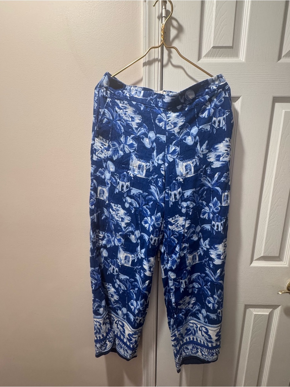 LOFT Blue White Floral Print Wide Leg Pants Size Medium